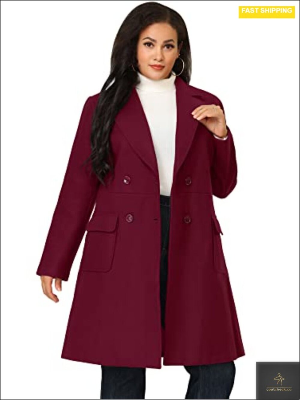 Plus Size Double Breasted Notched Lapel Peacoat Wool Trench Coat Fully Lined